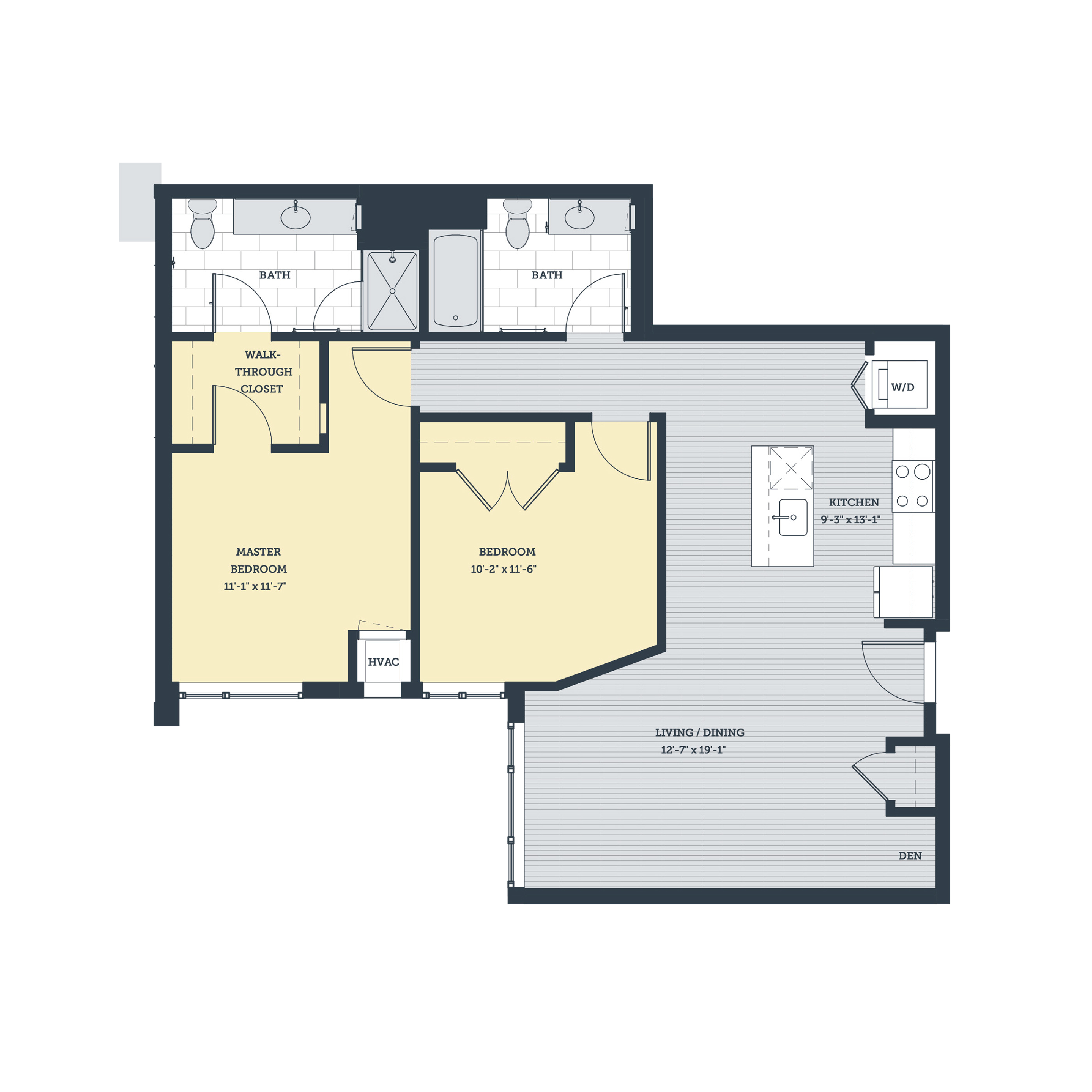 Floor plan for 2 beds, 2 baths, 1030 sqft